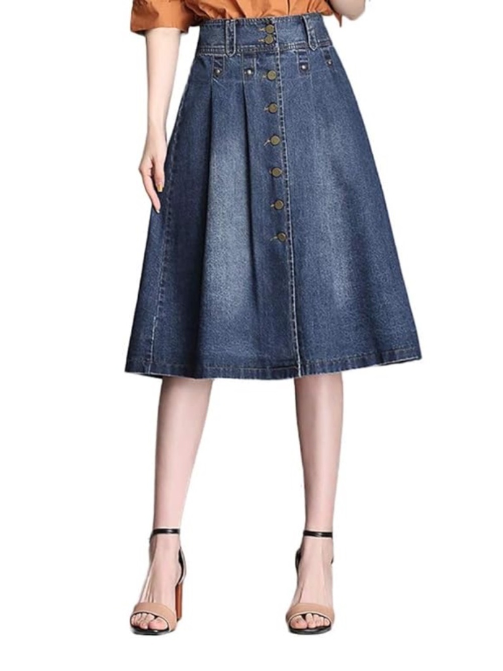 Blue Denim Button Front A-Line Midi Skirt NWT Size Small